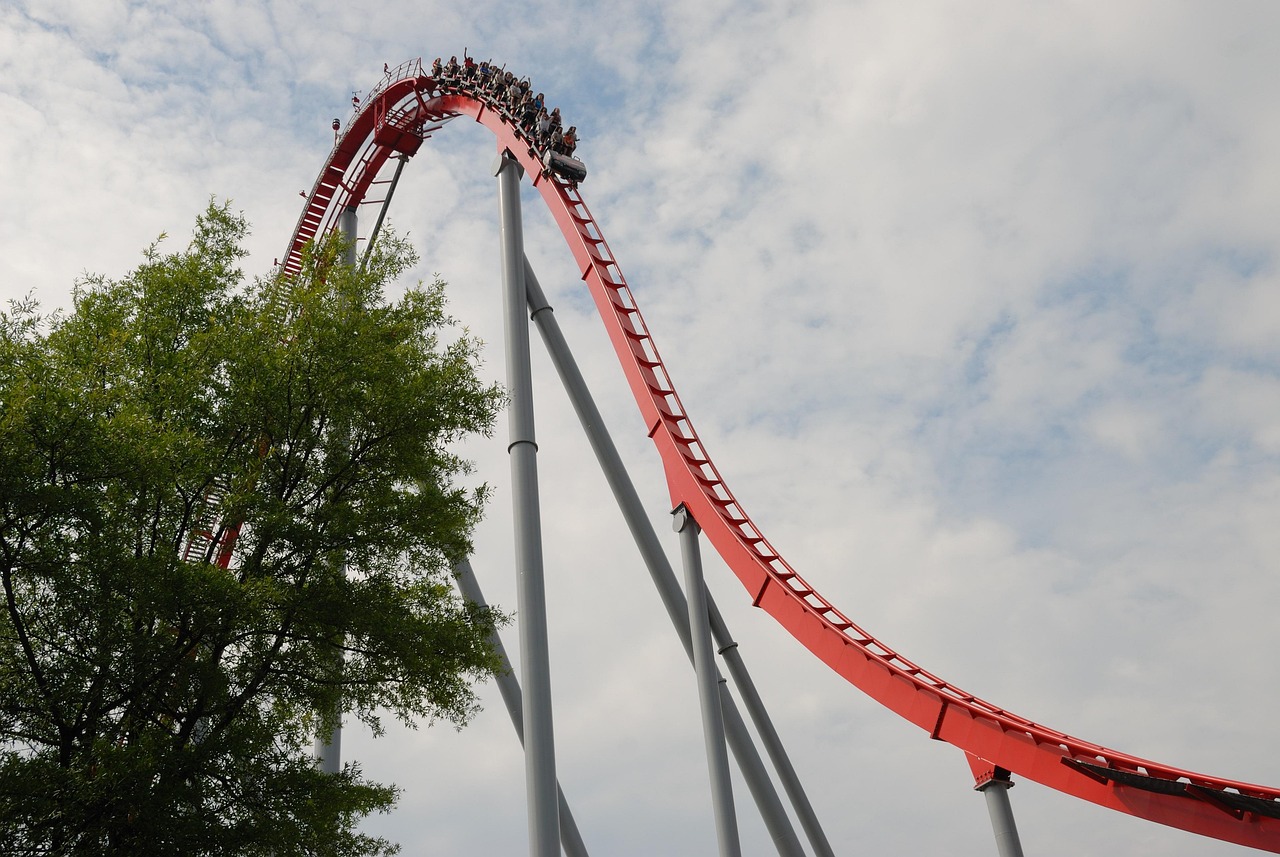 Ulcer index concept: a red roller coaster cresting the top of a steep drop against a cloudy sky