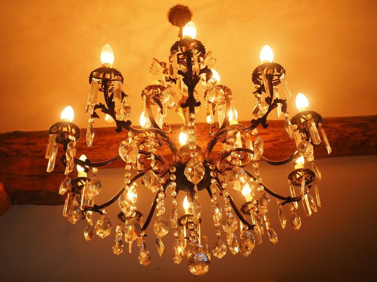 Chandelier exit indicator: a lit crystal chandelier hanging from a ceiling, the image behind the trailing-stop idea