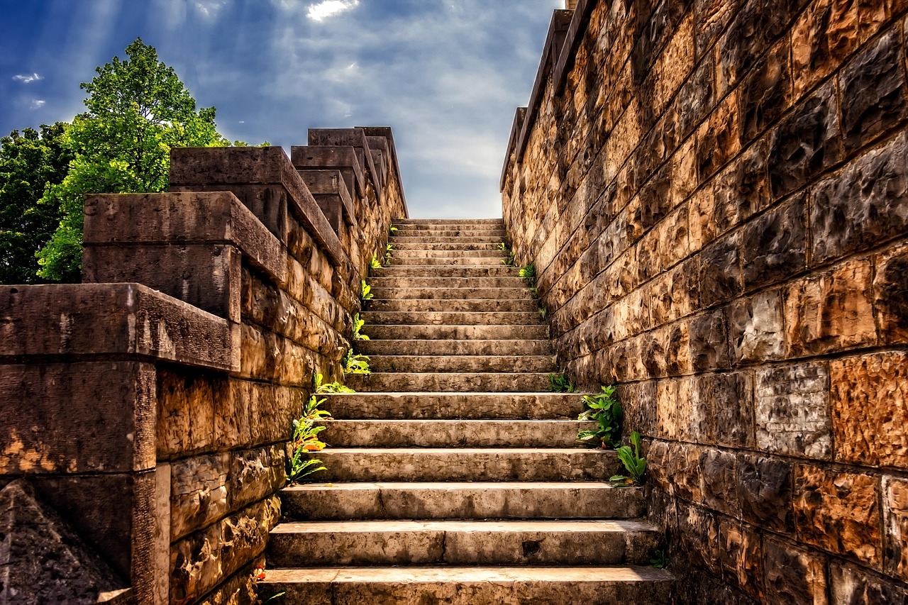 Anti-martingale strategy concept: weathered stone steps climbing upward one level at a time