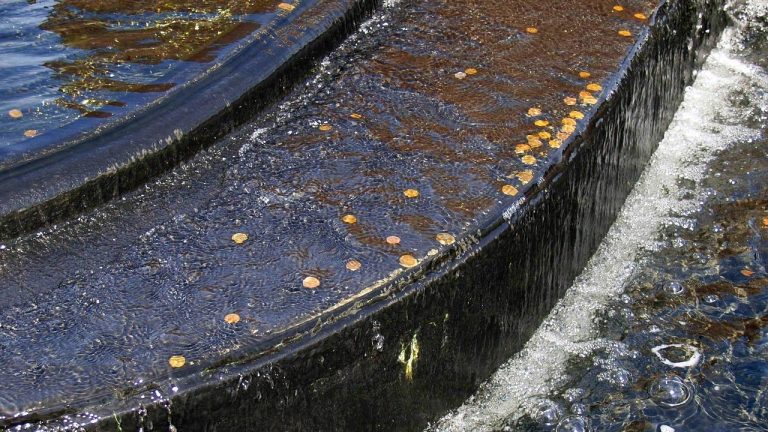 Chaikin money flow indicator: water spilling over the rim of a fountain basin scattered with coins