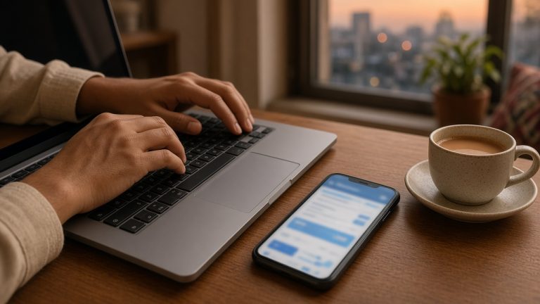SEBI early pay-in margin waiver: investor placing a share trade on a laptop with a phone and a cup of chai