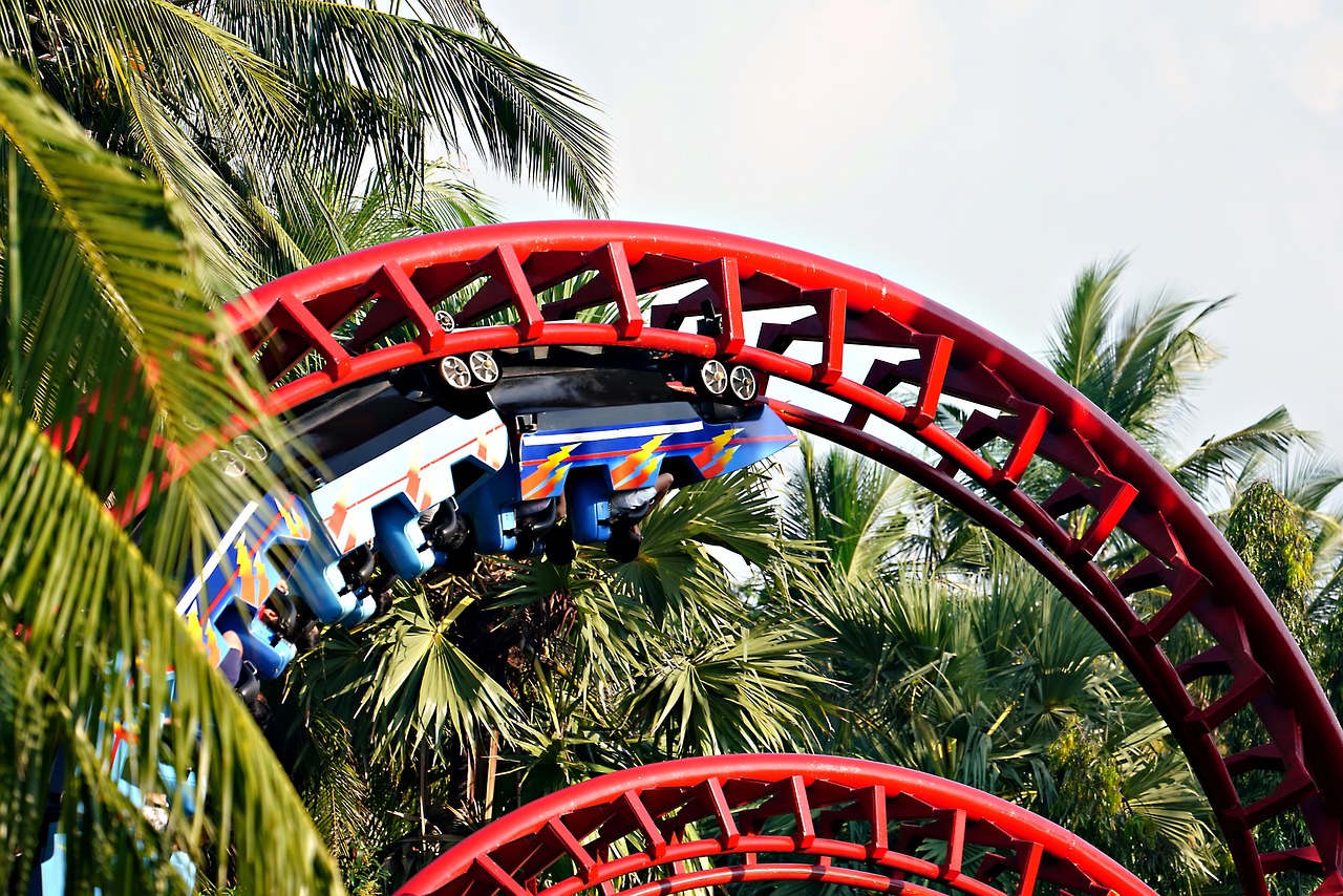 Gamma options greek: a roller coaster train rounding a tight red loop, like delta speeding up near expiry