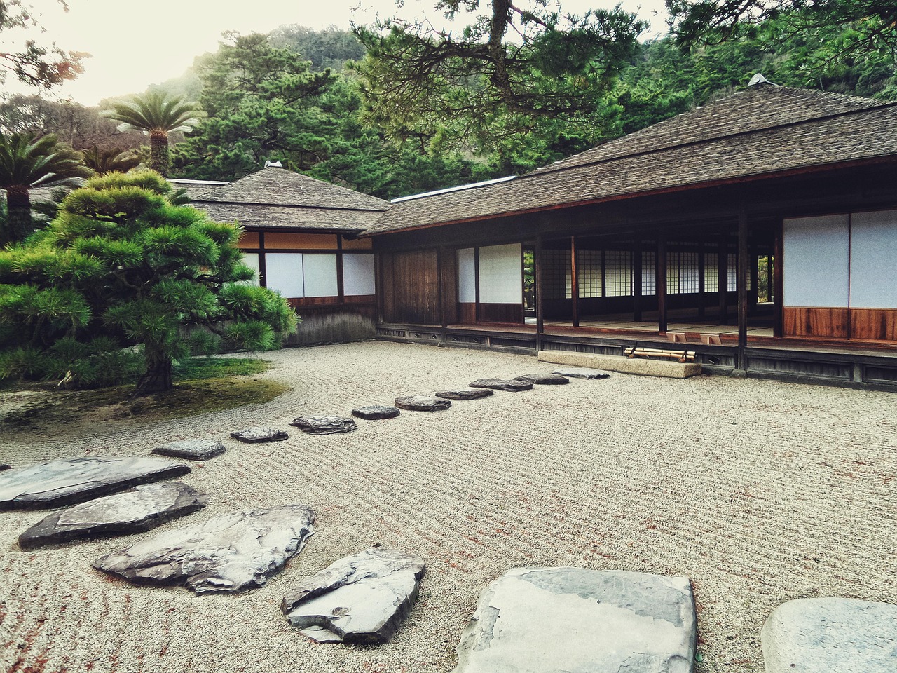 Heikin Ashi trading strategy concept: evenly paced stepping stones across a raked Japanese garden