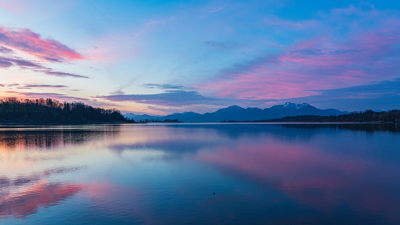 Heikin Ashi vs candlestick: calm lake at dawn with a smooth, mirror-like reflection of the mountains