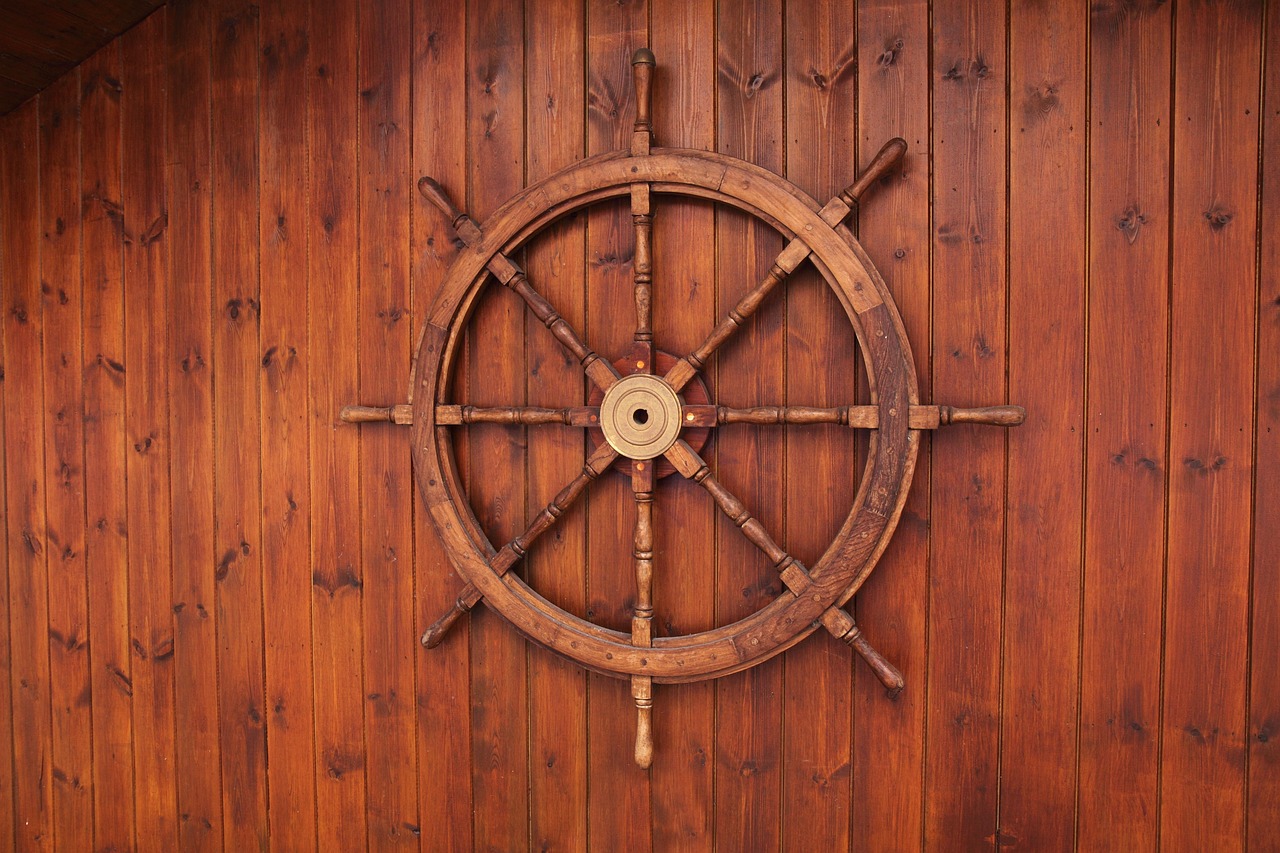 Dynamic bond fund concept: a wooden ship steering wheel mounted on a wooden wall