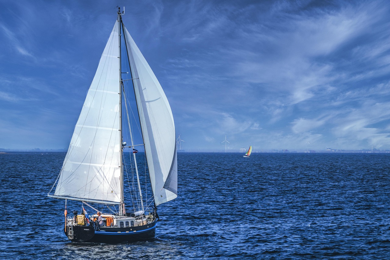 Up market capture ratio: a sailboat with full white sails catching the wind on open blue water