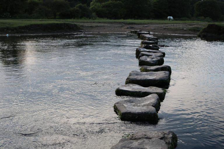 Gap fill trading: stepping stones across a river with open water between them, like price gaps on a chart