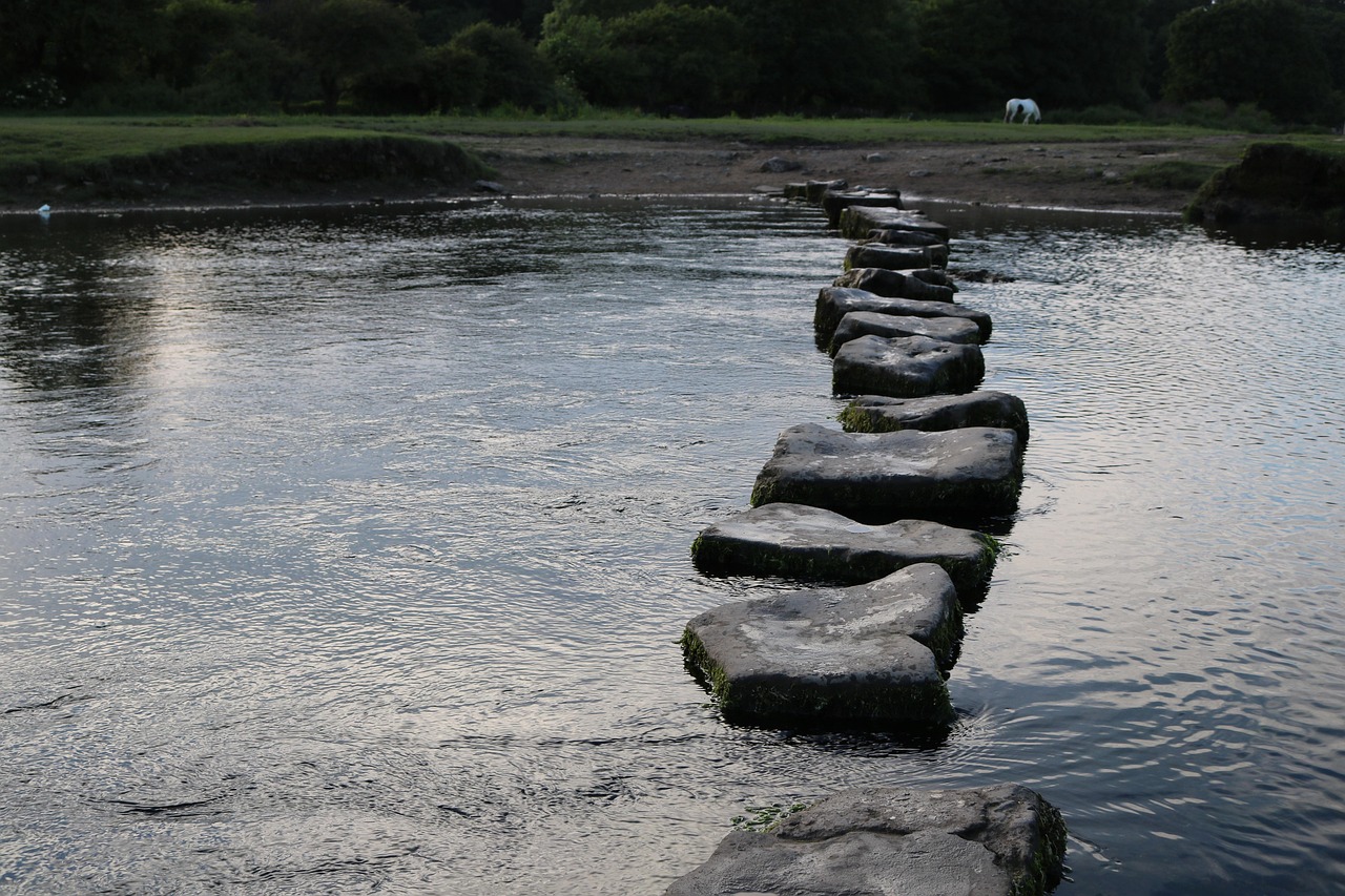 Gap fill trading: stepping stones across a river with open water between them, like price gaps on a chart