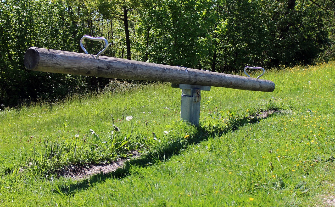 Risk reversal strategy: a wooden seesaw tilted to one side on a grassy slope, showing a trade-off between upside and downside