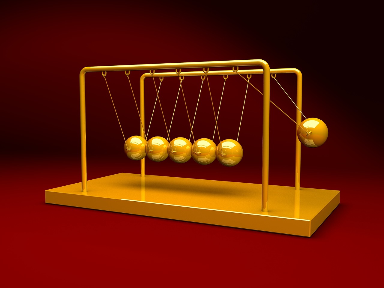 Stochastic RSI indicator concept: a gold Newton's cradle with one ball swinging out