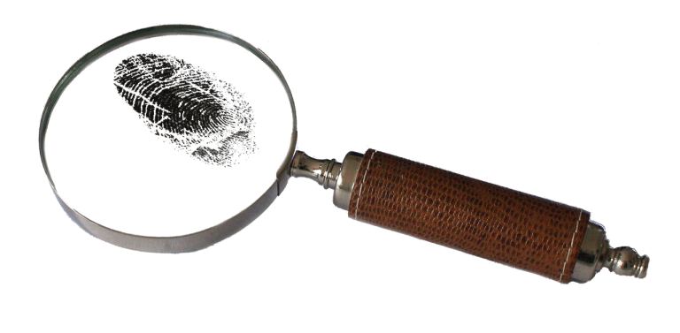 Beneish M-score concept: a magnifying glass over a fingerprint, like an analyst searching accounts for signs of earnings manipulation