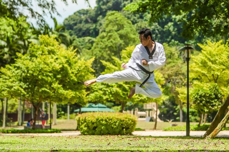 Kicker candlestick pattern: a martial artist mid-air delivering a flying kick in a green park