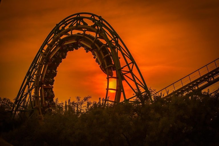 Beta of a stock: a roller coaster loop silhouetted against an orange sunset, a picture of how sharply some shares swing
