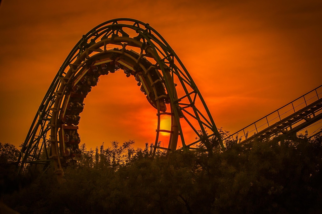 Beta of a stock: a roller coaster loop silhouetted against an orange sunset, a picture of how sharply some shares swing