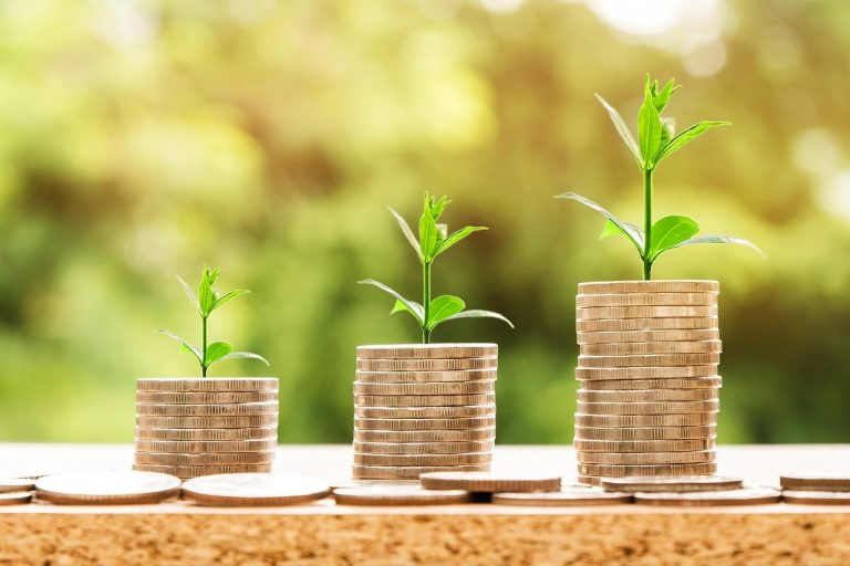 Basis points meaning: three stacks of coins rising step by step with green seedlings growing from them
