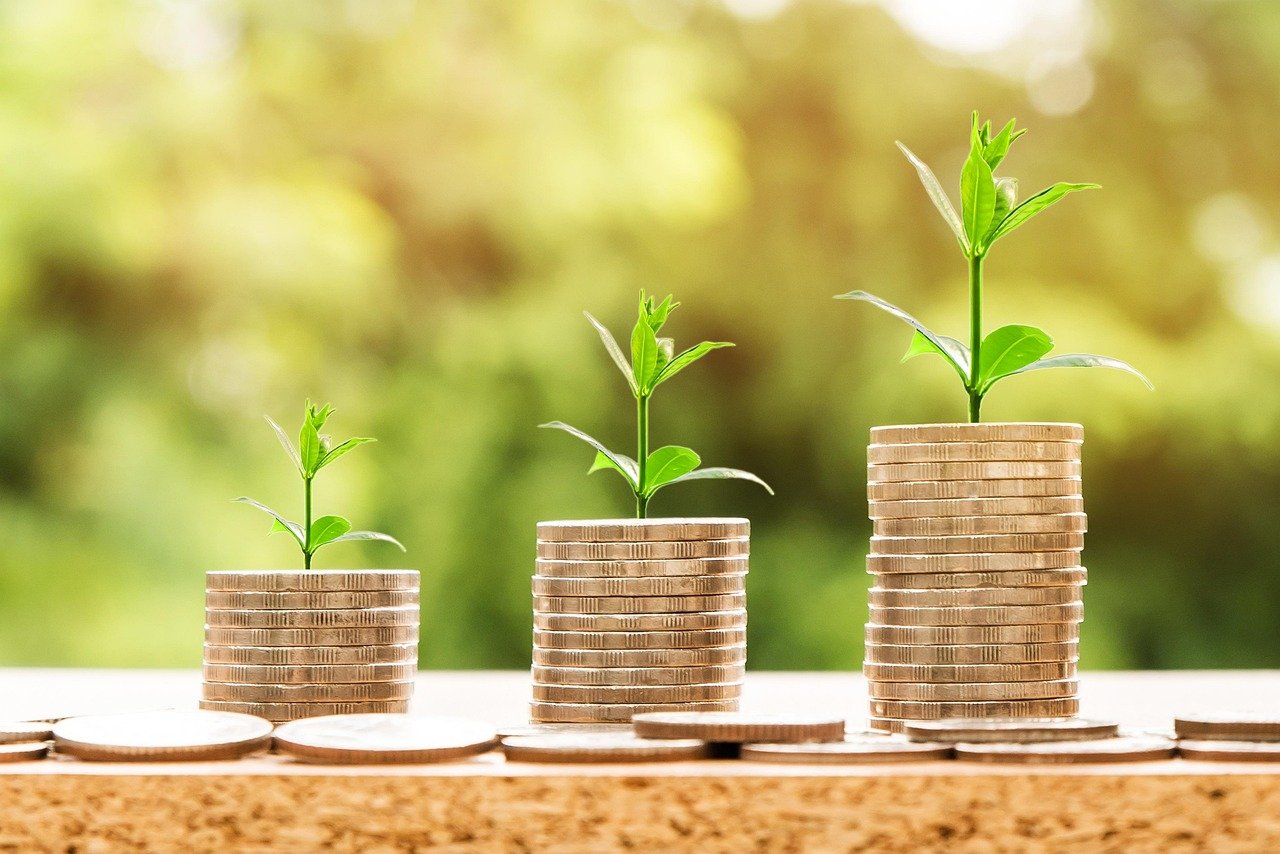 Basis points meaning: three stacks of coins rising step by step with green seedlings growing from them