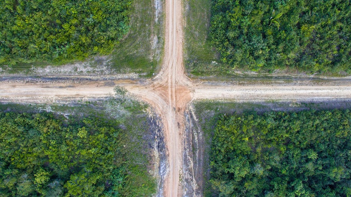 Diagonal spread concept: aerial view of a dirt crossroads where a horizontal and a vertical road meet through green forest