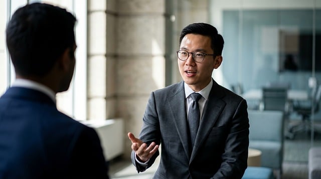 Info Edge CEO change: two executives in suits talking in an office