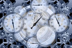 Intraday intensity index: several stopwatches layered over steel gears, a nod to timing where a stock closes within the trading day