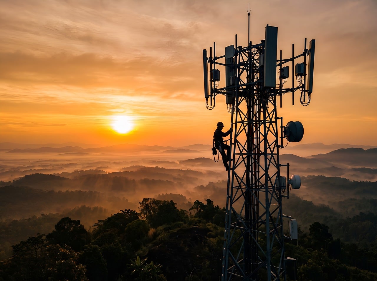 Jio Platforms MTF: a technician climbing a mobile telecom tower at sunrise