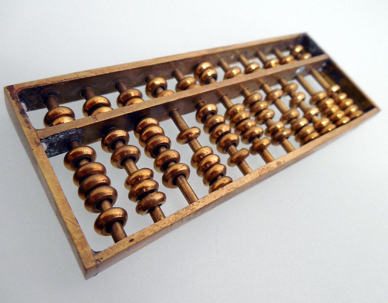 Kagi chart concept: an old brass abacus on a plain white surface