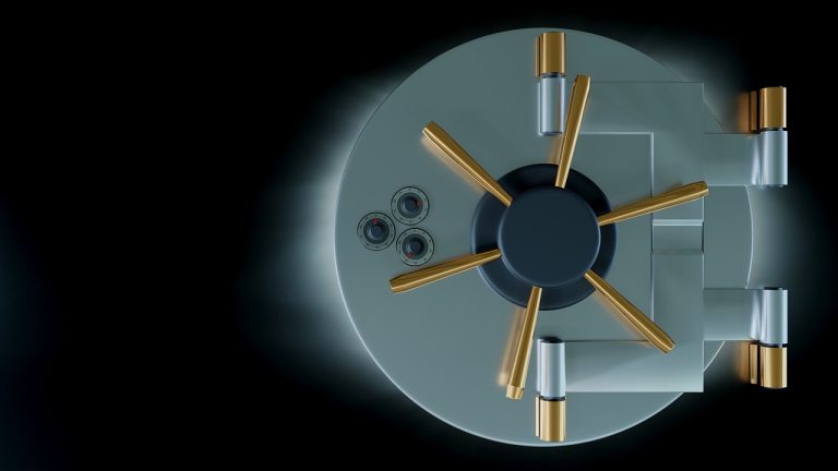 Margin pledge NSE concept: a closed steel vault door with brass locking bolts, like securities held under a pledge