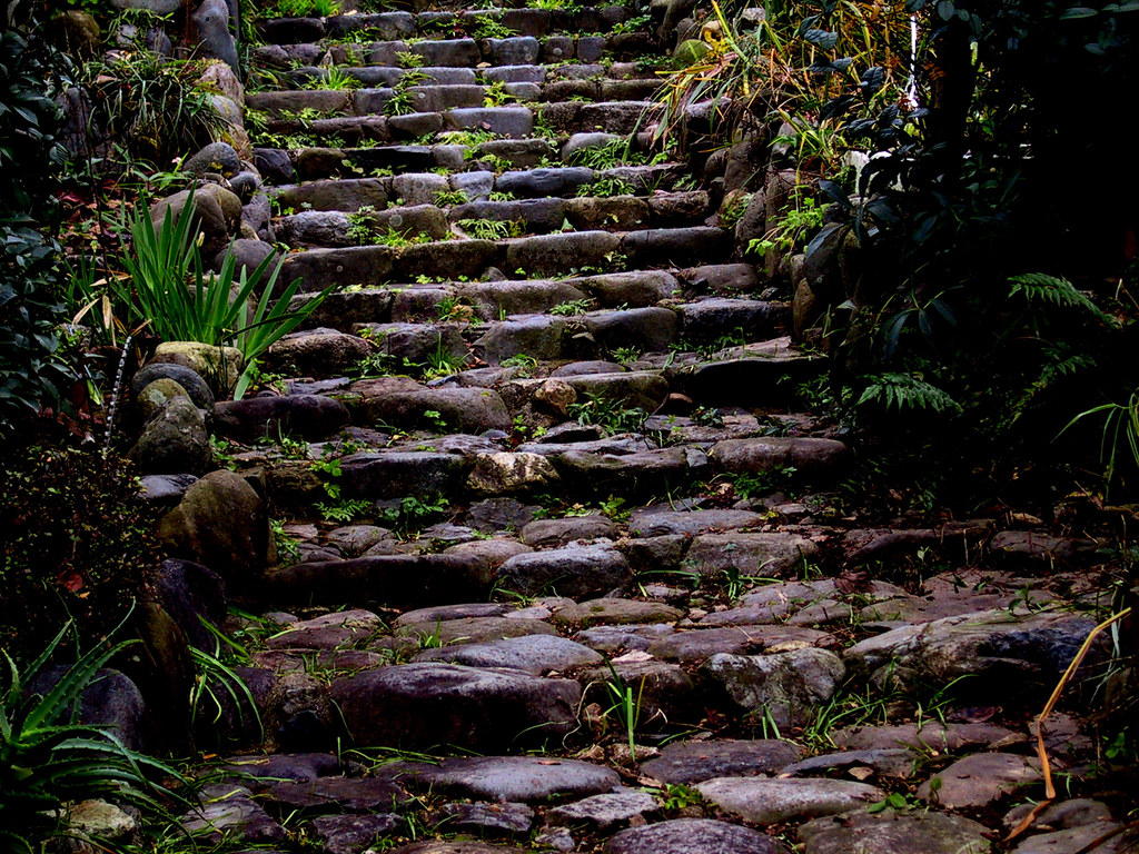 Measured move pattern: uneven stone steps climbing up a garden slope, like a trend rising in legs