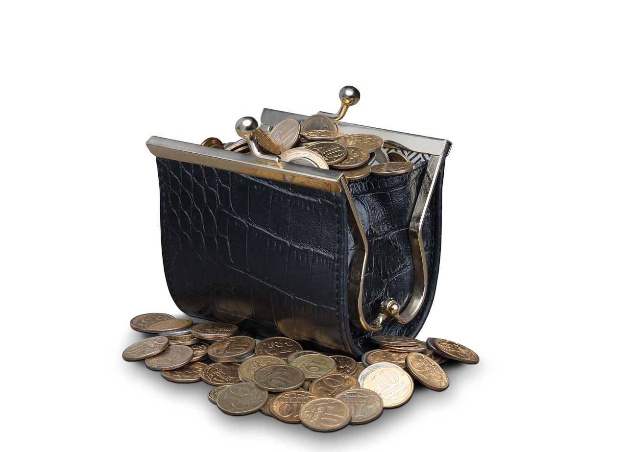 Money market fund concept: an open black coin purse overflowing with coins, a picture of short-term parked cash
