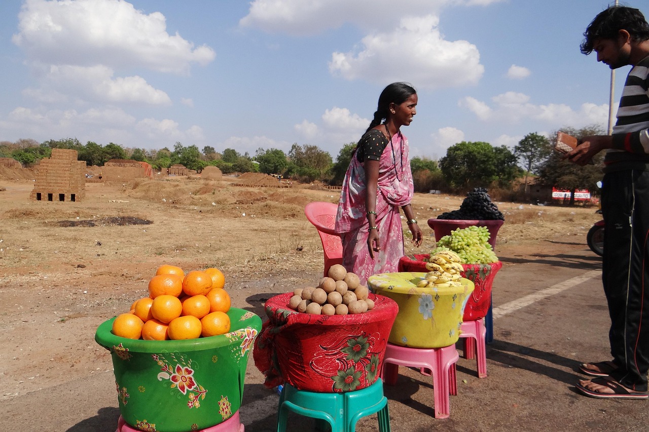 Offer for sale through stock exchange: a roadside fruit seller offering oranges and produce to a buyer in Karnataka