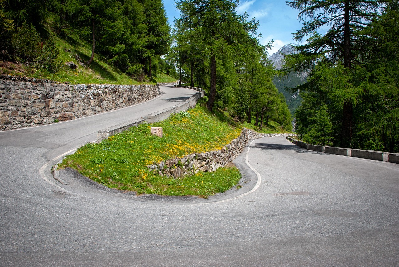 Parabolic SAR indicator: a mountain road doubling back on itself in a tight hairpin bend among pine trees
