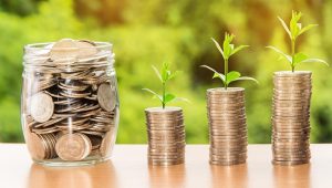 Profit factor in trading: rising stacks of coins with seedlings beside a jar of coins