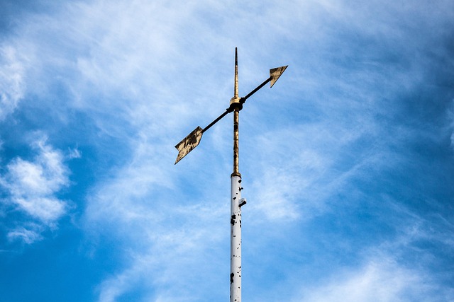 Relative volatility index concept: a wind direction arrow on a pole against a blue sky