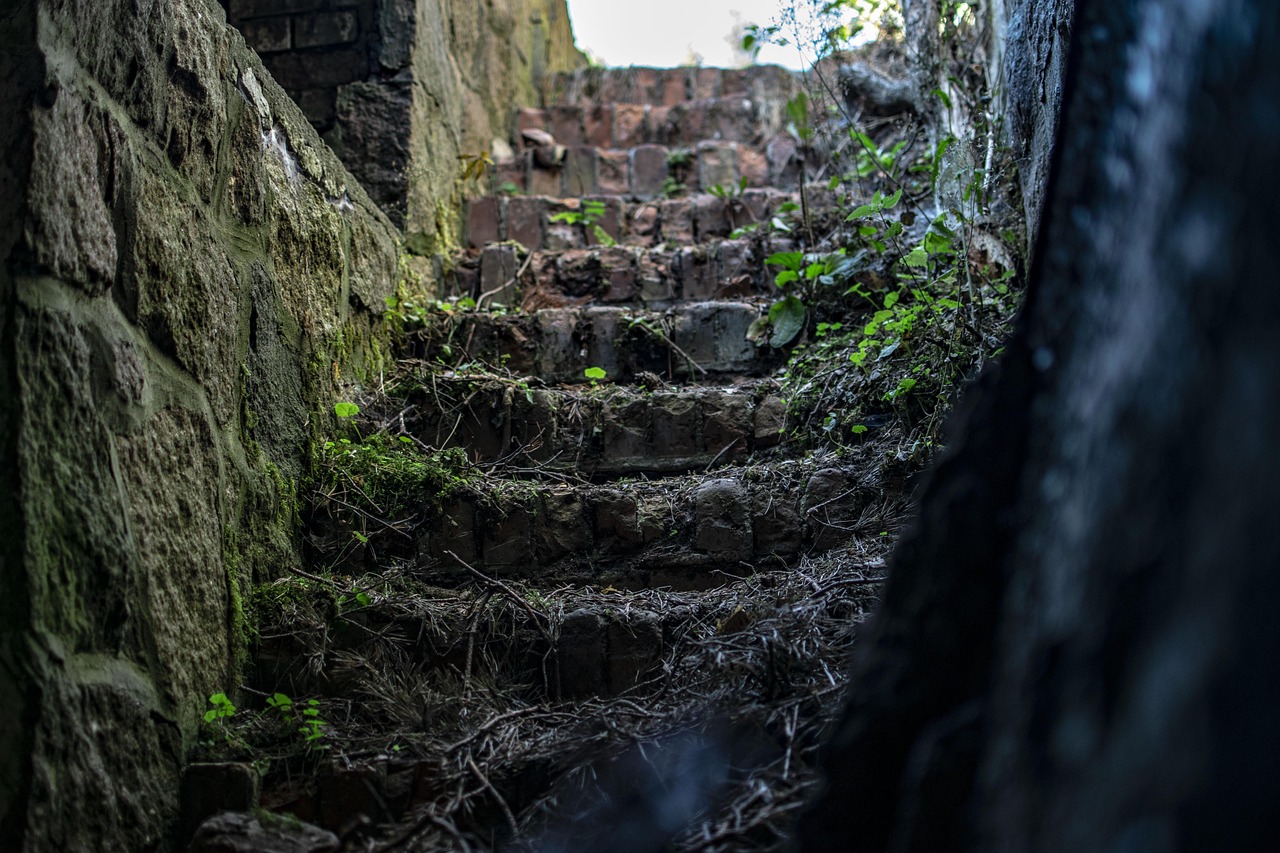Rising wedge pattern concept: old stone stairs climbing upward through a narrowing passage between mossy walls
