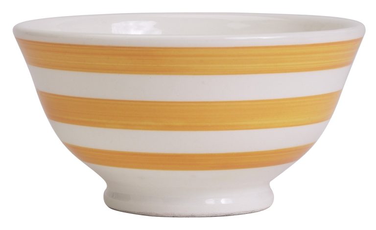 Rounding bottom pattern: an empty white bowl with orange stripes, its U-shaped curve echoing a saucer base