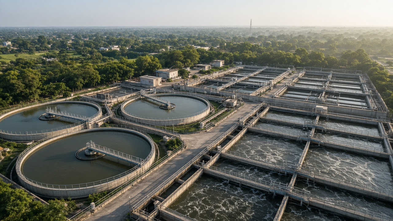 SFC Environmental Technologies IPO: aerial view of a wastewater treatment plant with clarifier tanks and aeration basins