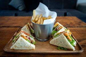 Stick sandwich pattern: club sandwich halves stacked between bread slices