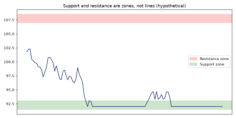 Support and resistance zones on a hypothetical price chart