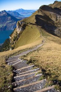 Walk forward analysis: a mountain trail of wooden steps climbing forward along a ridge, one step at a time