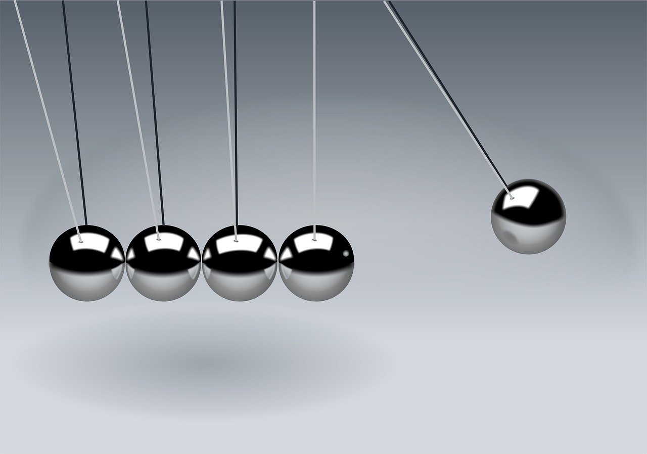 Williams %R indicator: a Newton's cradle with one steel ball swung out to the edge, a symbol of momentum reaching an extreme